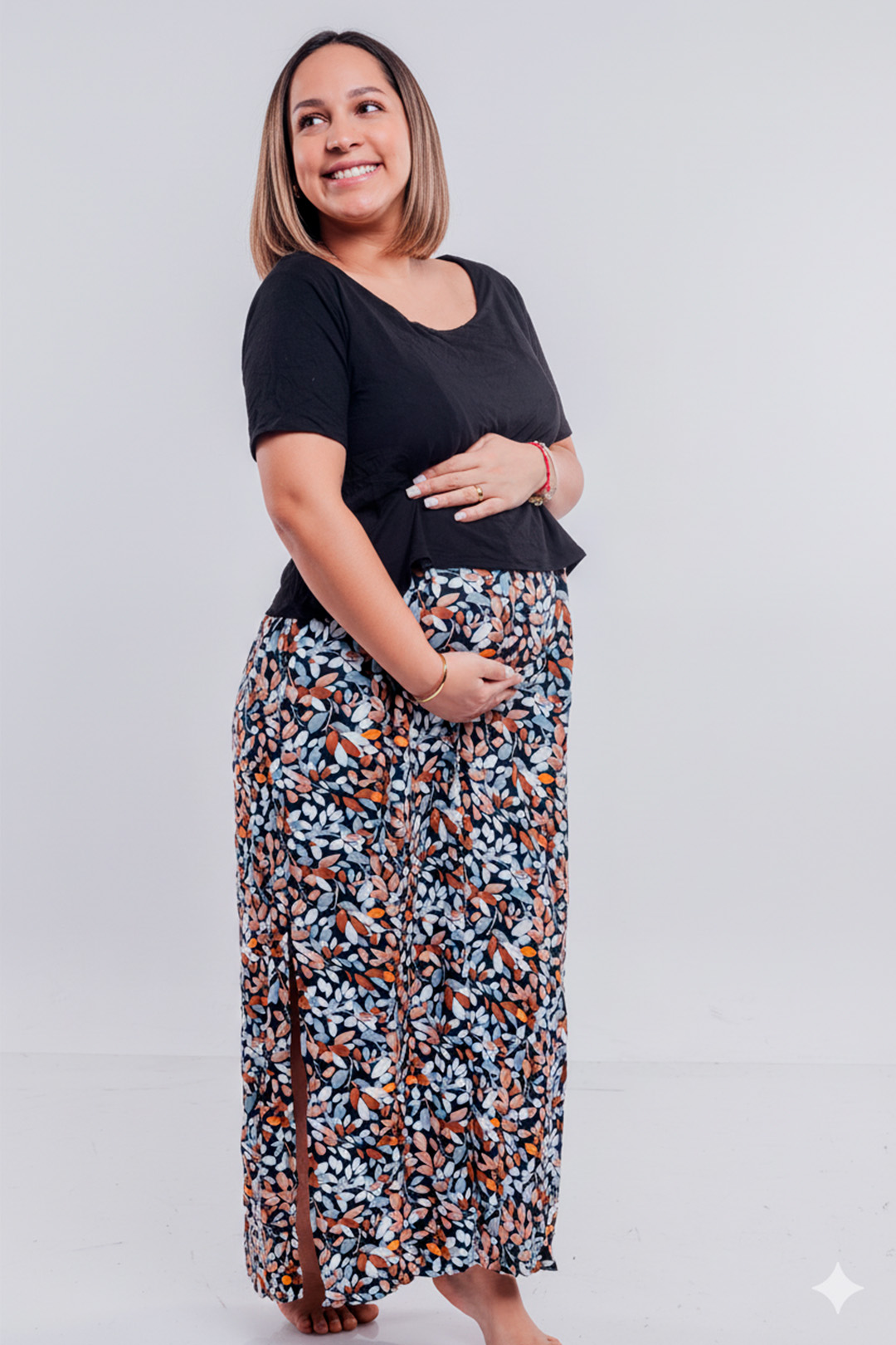 Vestido Maternal, Falda Maxi y Polo Aperturas de Lactancia, NegroFloreado 3