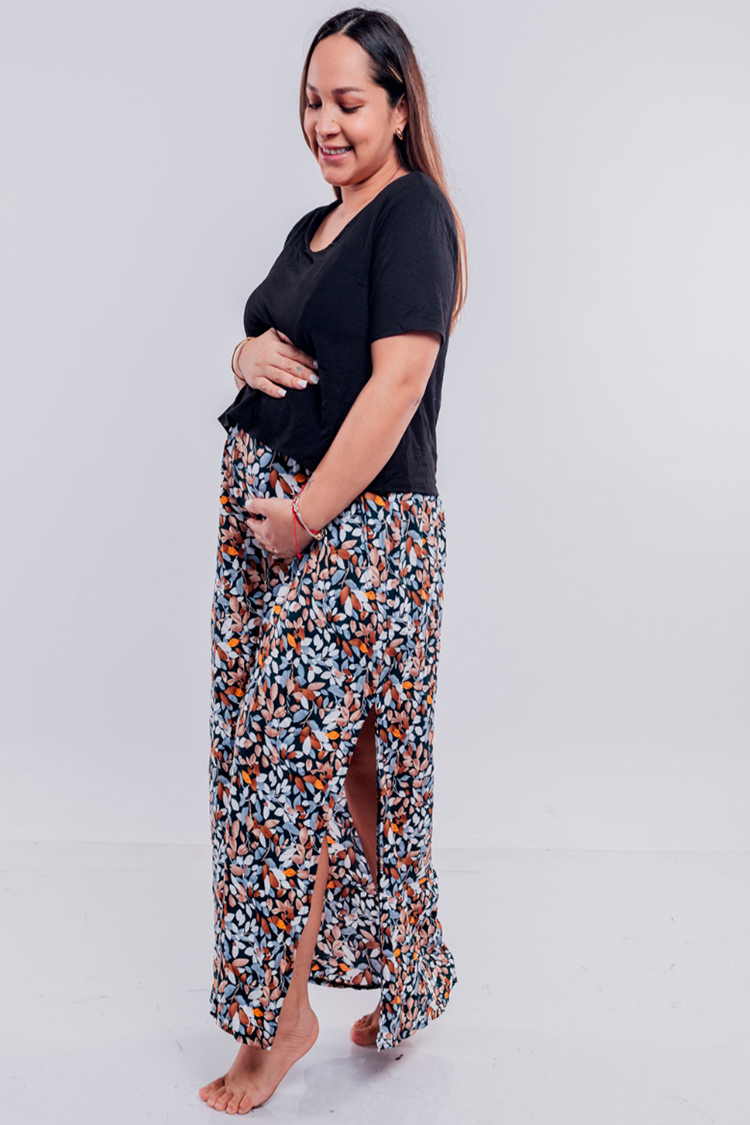 Vestido Maternal, Falda Maxi y Polo Aperturas de Lactancia, NegroFloreado 10