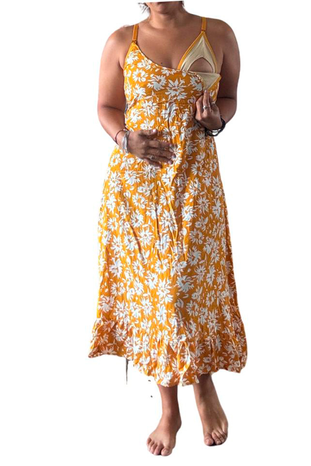 Vestido Maternal Tiritas Broche y Top Lactancia, AmarilloFloreadoBlanco 11