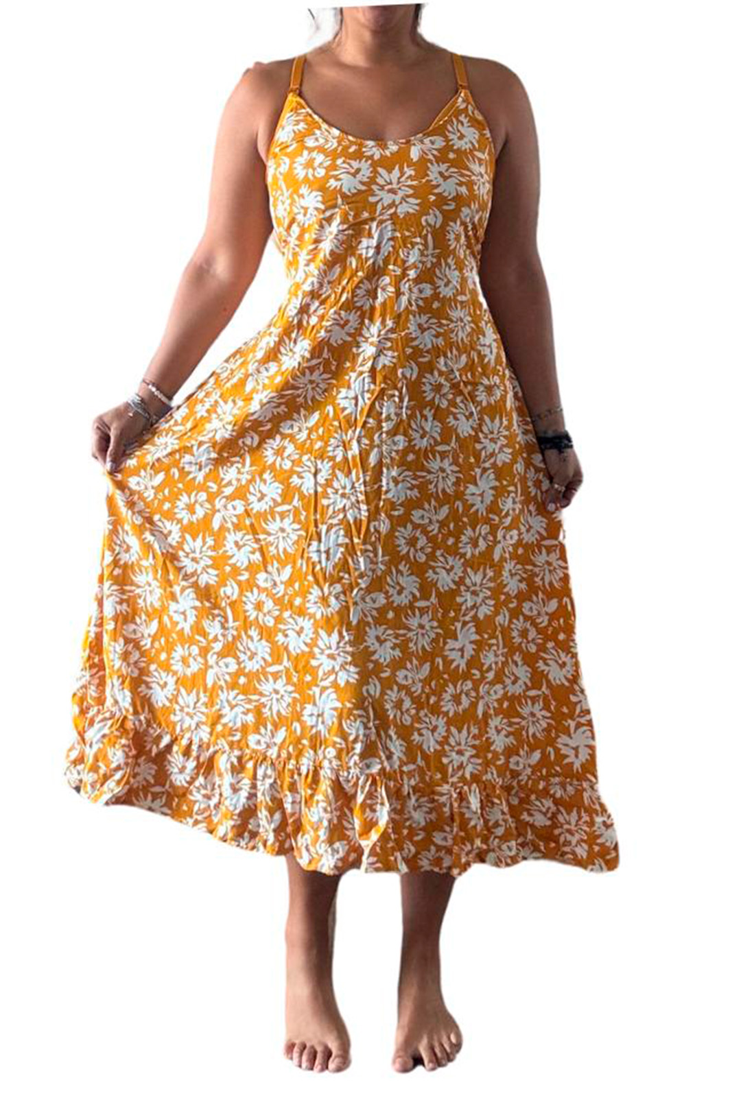 Vestido Maternal Tiritas Broche y Top Lactancia, AmarilloFloreadoBlanco 12