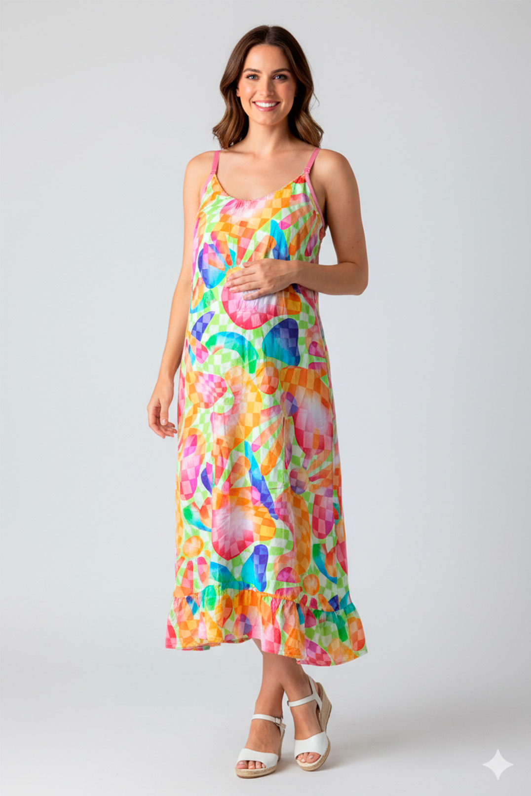 Vestido Maternal Tiritas Broche y Top Lactancia, AmarilloMulticolorNaranja 1