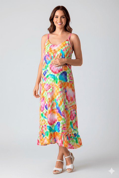 Vestido Maternal Tiritas Broche y Top Lactancia, AmarilloMulticolorNaranja