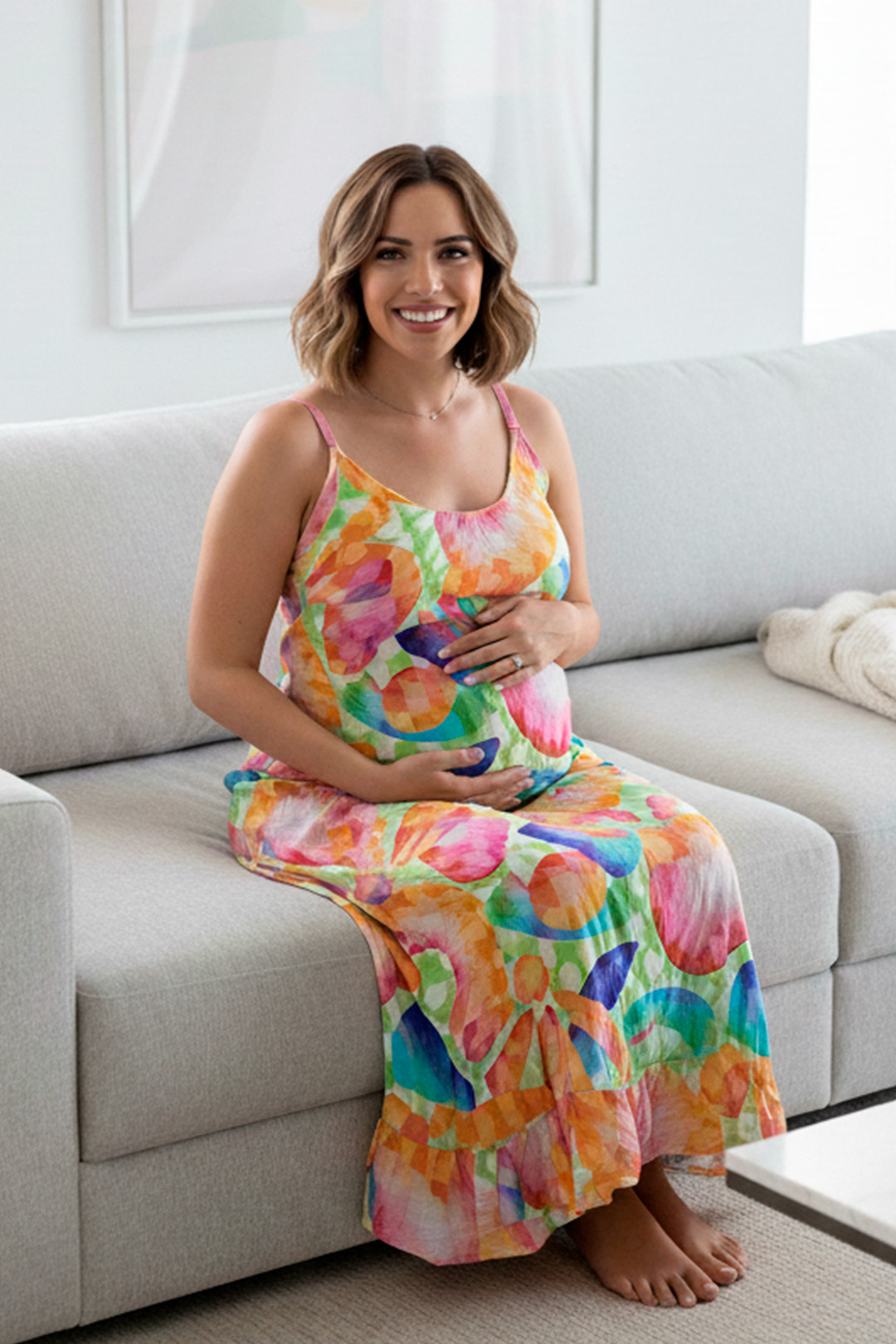 Vestido Maternal Tiritas Broche y Top Lactancia, AmarilloMulticolorNaranja 6