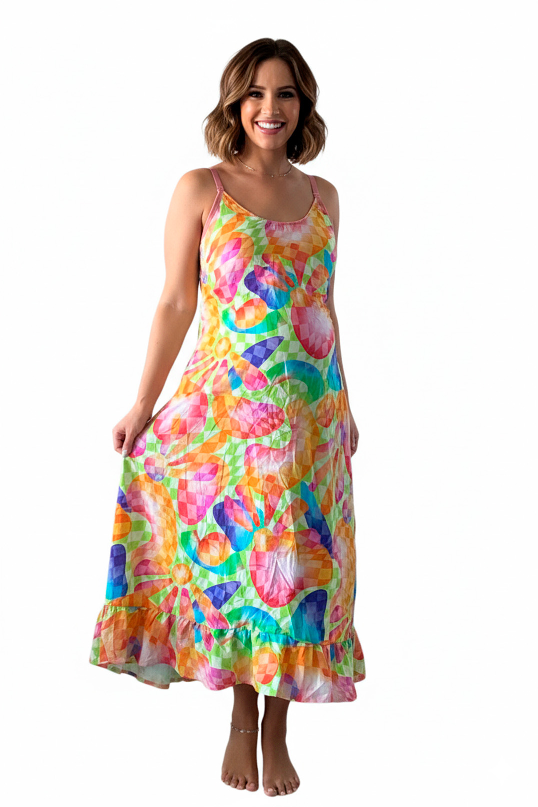 Vestido Maternal Tiritas Broche y Top Lactancia, AmarilloMulticolorNaranja 3