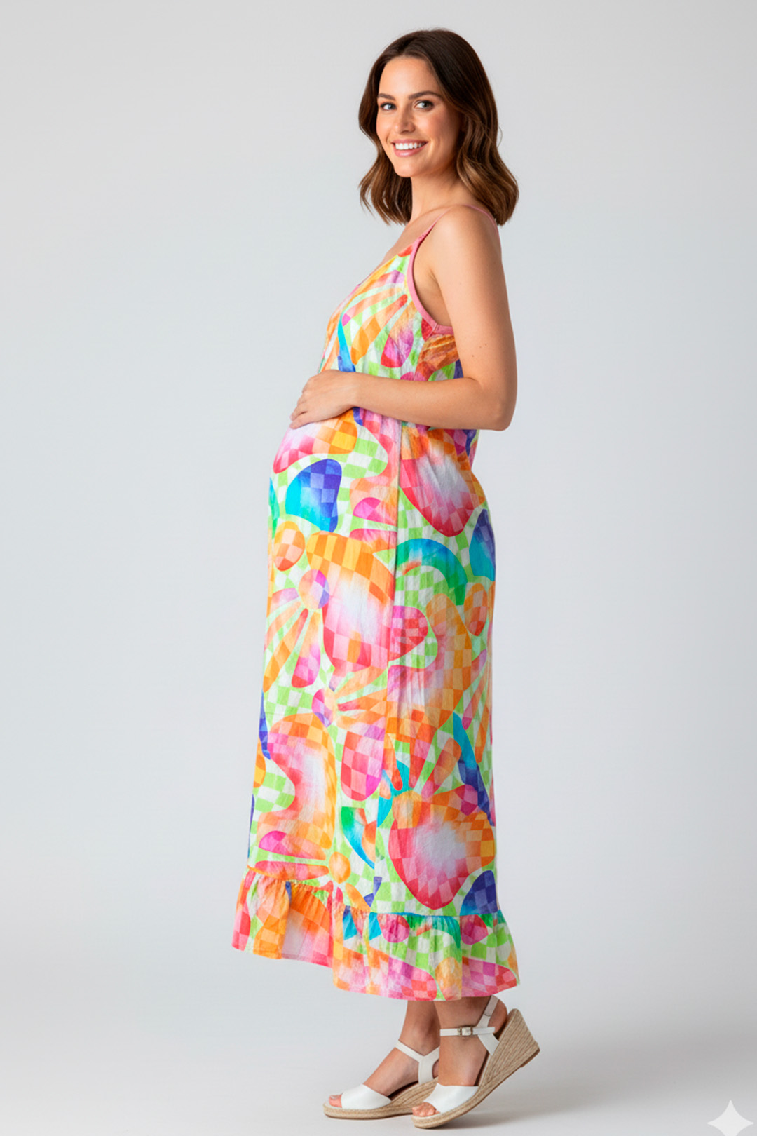 Vestido Maternal Tiritas Broche y Top Lactancia, AmarilloMulticolorNaranja 4