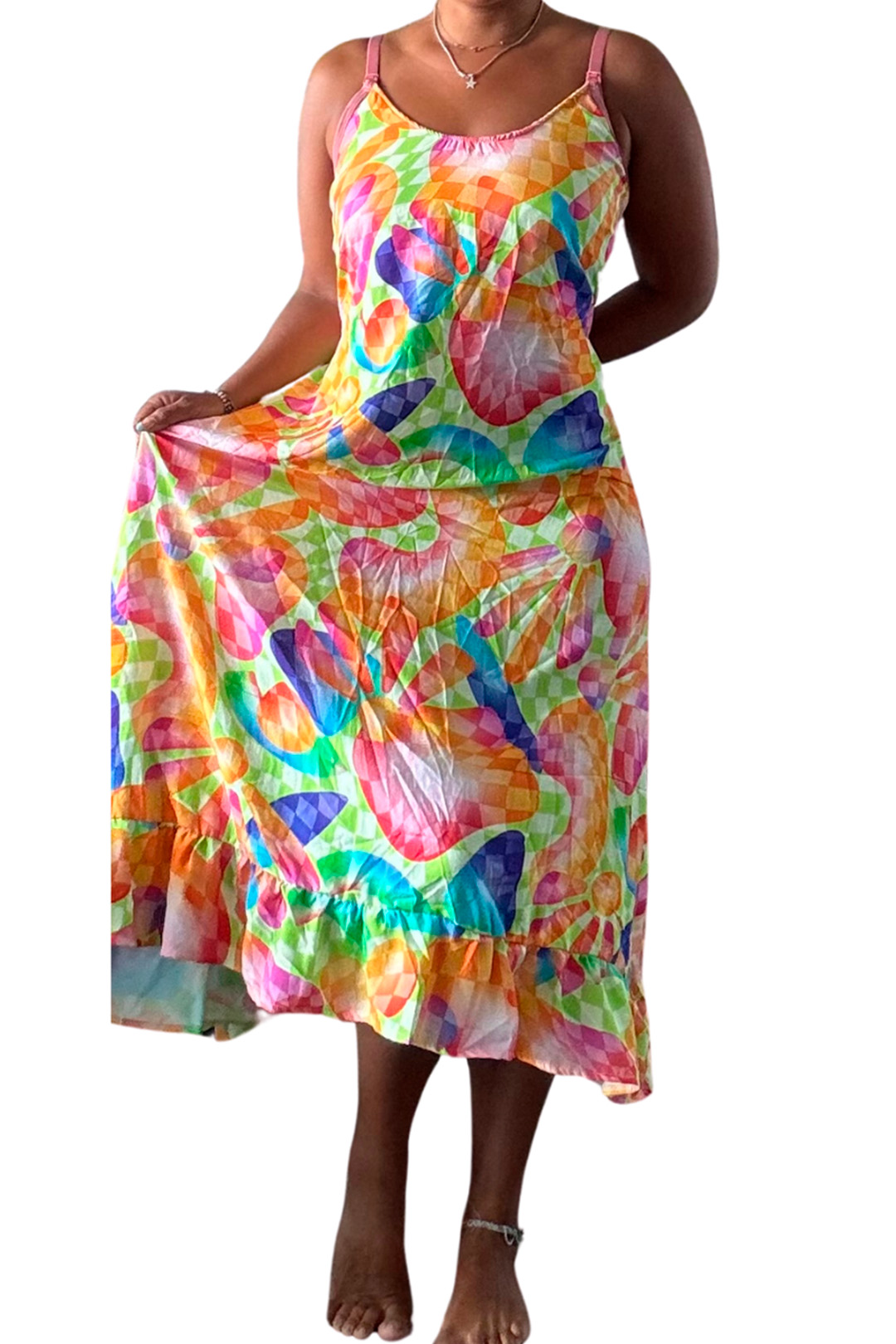 Vestido Maternal Tiritas Broche y Top Lactancia, AmarilloMulticolorNaranja 11