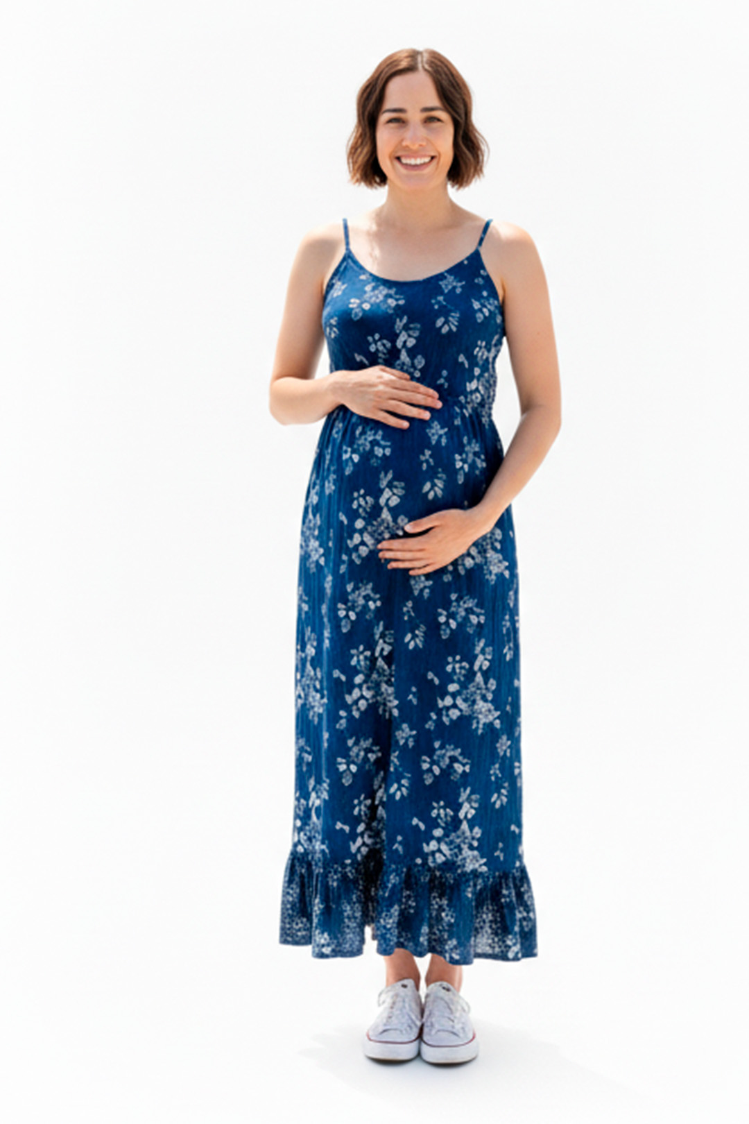 Vestido Maternal Tiritas Broche y Top Lactancia, AzulFloreadoBlanco 3