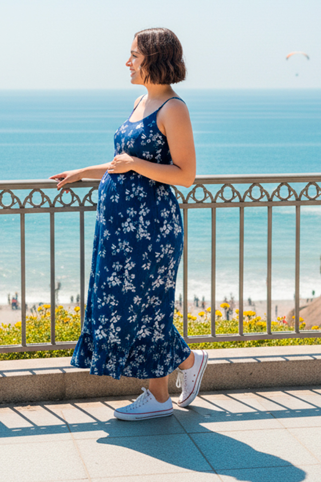 Vestido Maternal Tiritas Broche y Top Lactancia, AzulFloreadoBlanco 10