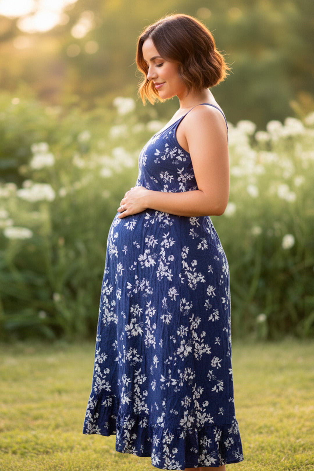 Vestido Maternal Tiritas Broche y Top Lactancia, AzulFloreadoBlanco 11