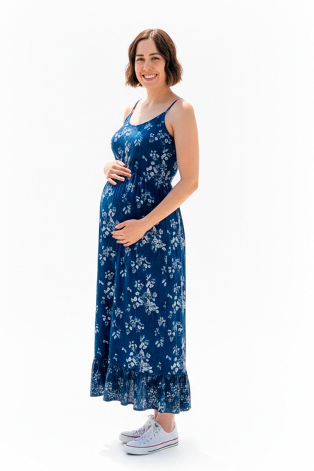 Vestido Maternal Tiritas Broche y Top Lactancia, AzulFloreadoBlanco 1