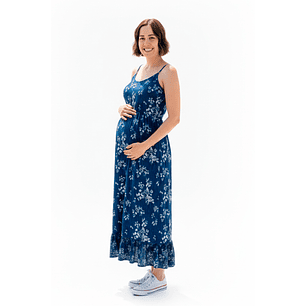 Vestido Maternal Tiritas Broche y Top Lactancia, AzulFloreadoBlanco