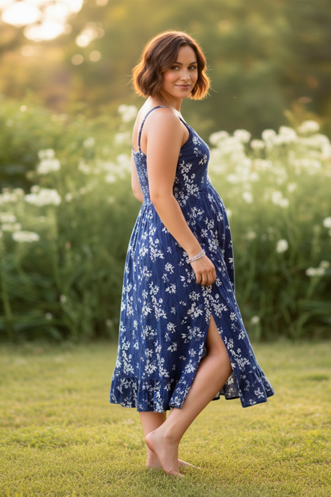 Vestido Maternal Tiritas Broche y Top Lactancia, AzulFloreadoBlanco 6