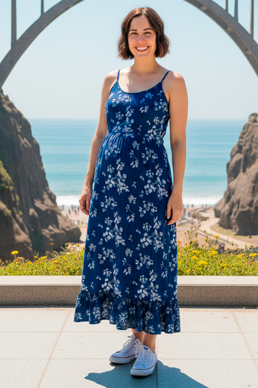 Vestido Maternal Tiritas Broche y Top Lactancia, AzulFloreadoBlanco 14