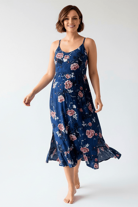 Vestido Maternal Tiritas Broche y Top Lactancia, AzulFloreadoRosa