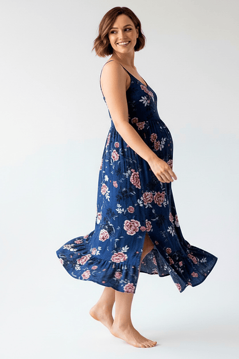 Vestido Maternal Tiritas Broche y Top Lactancia, AzulFloreadoRosa