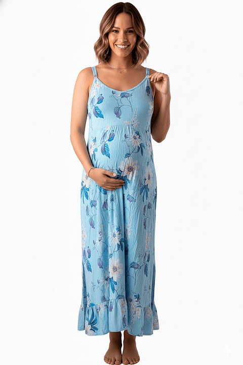 Vestido Maternal Tiritas Broche y Top Lactancia, CelesteFlores