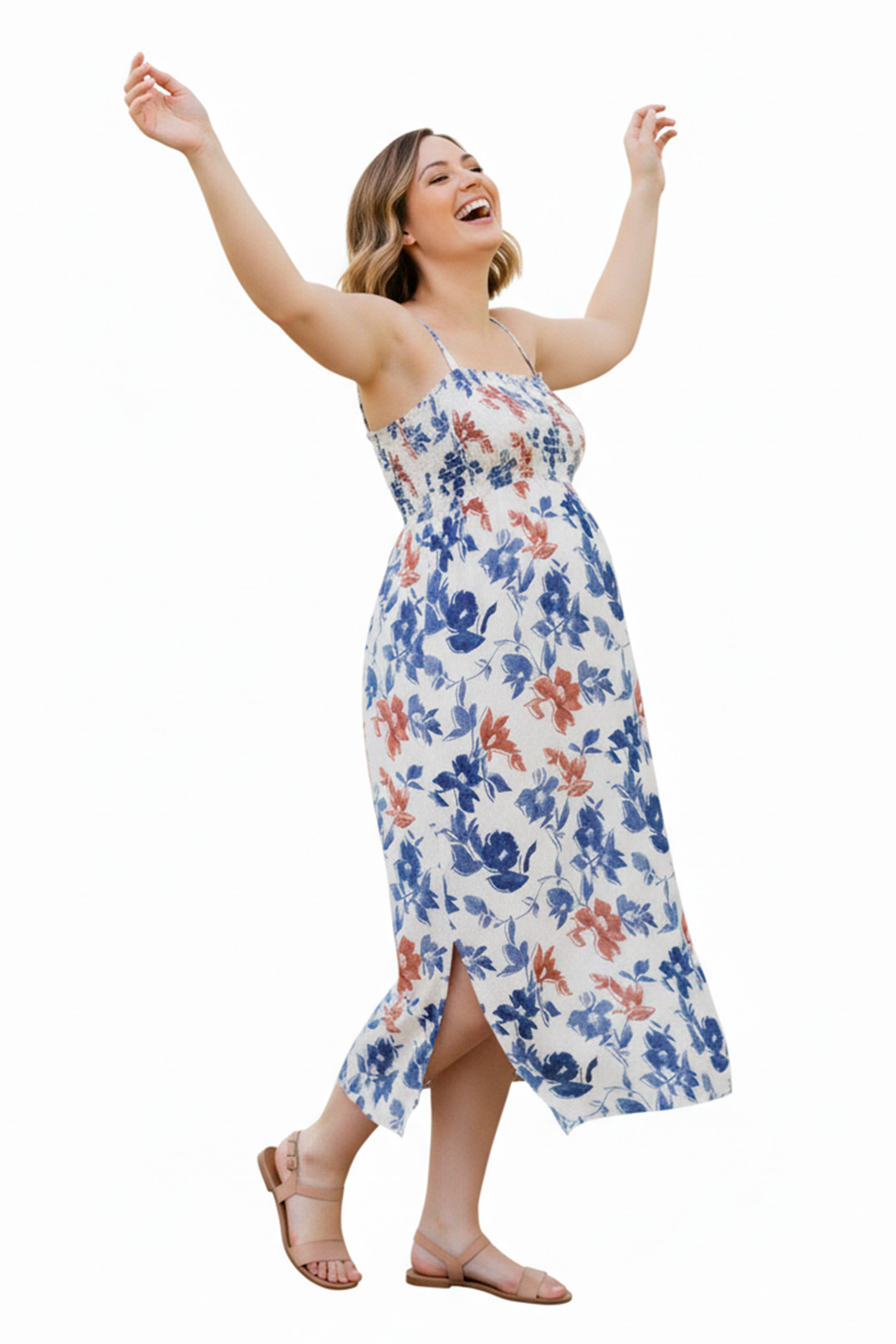 Vestido Maternal Tiritas Broche y Top Lactancia, CremaFloresAzul 4