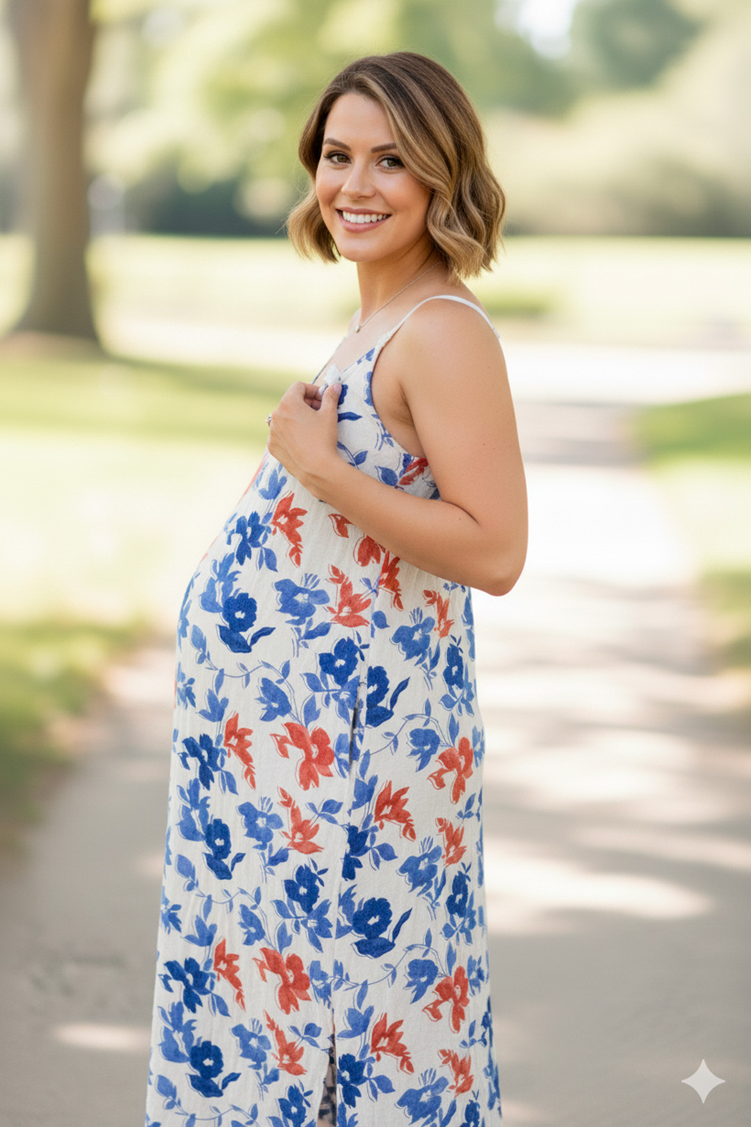 Vestido Maternal Tiritas Broche y Top Lactancia, CremaFloresAzul 6