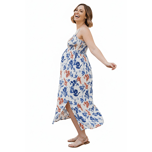 Vestido Maternal Tiritas Broche y Top Lactancia, CremaFloresAzul