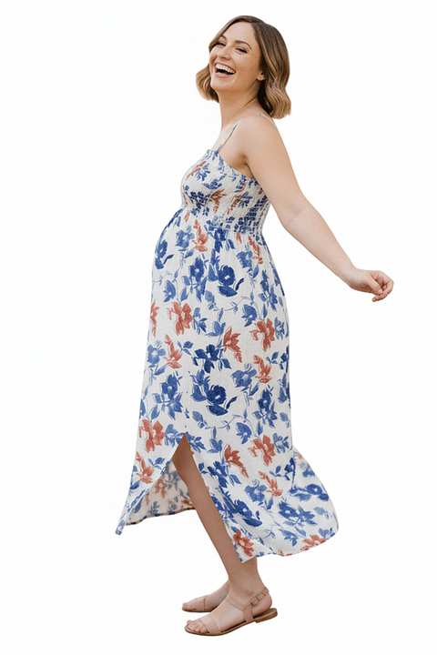 Vestido Maternal Tiritas Broche y Top Lactancia, CremaFloresAzul