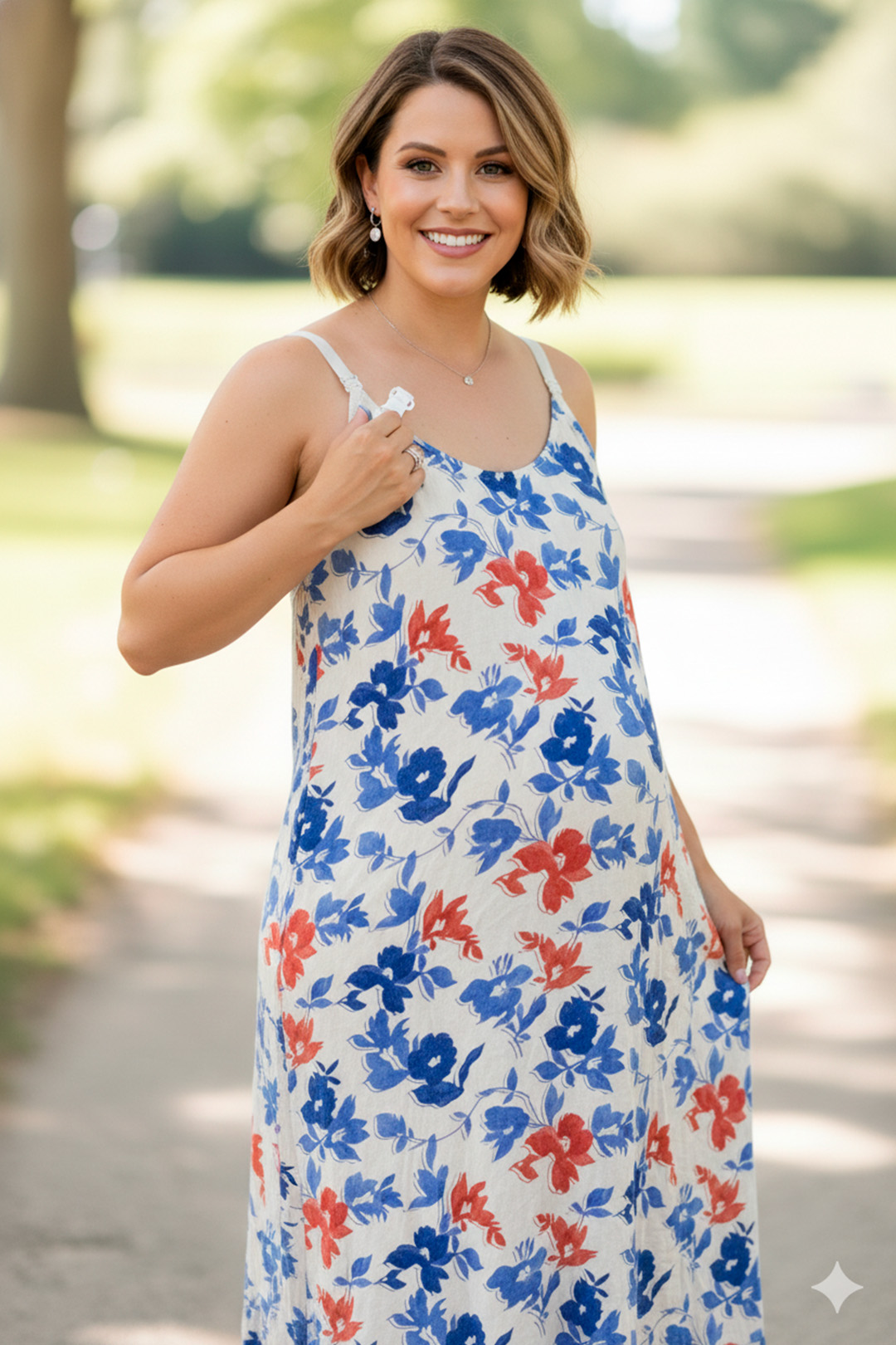 Vestido Maternal Tiritas Broche y Top Lactancia, CremaFloresAzul 9