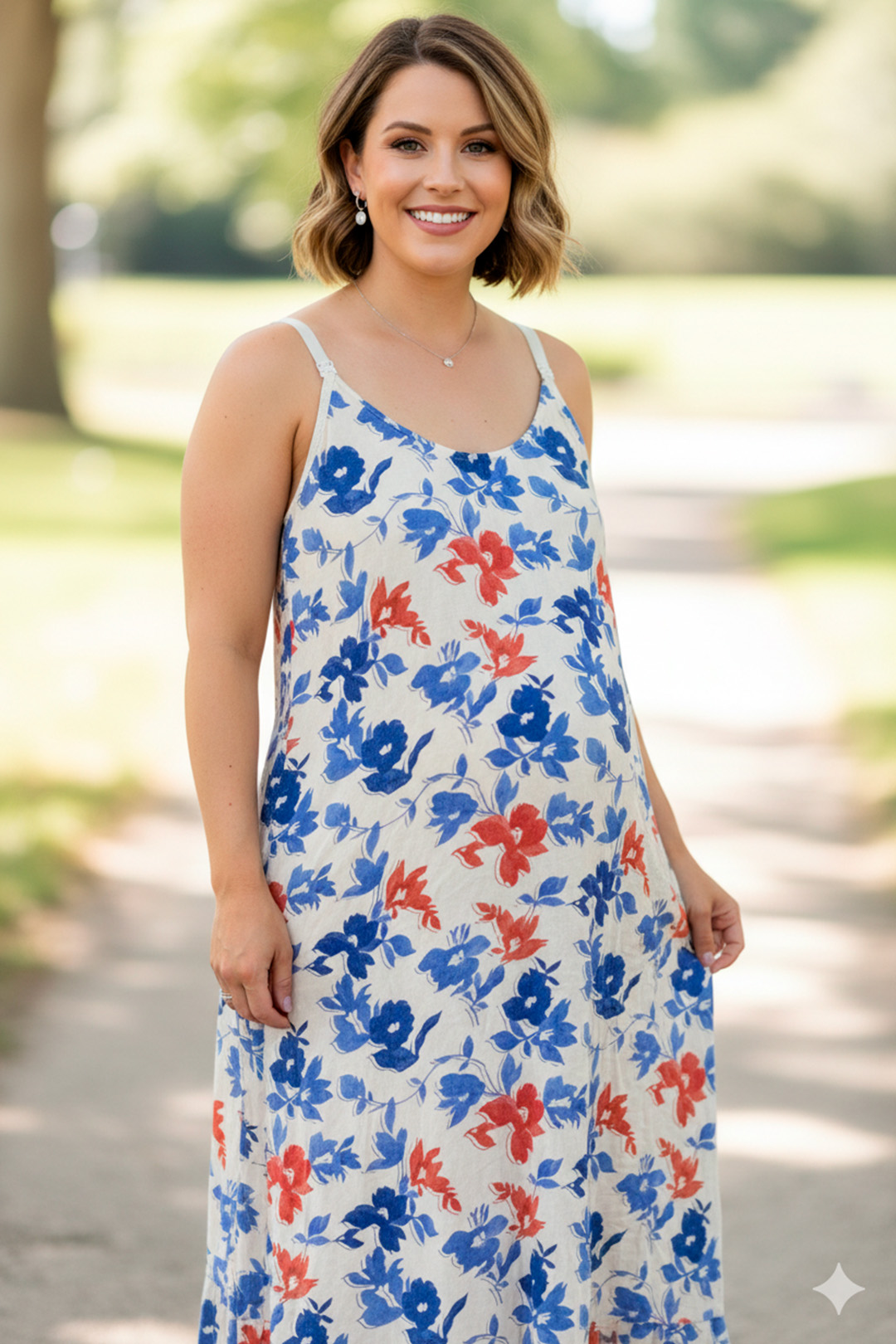 Vestido Maternal Tiritas Broche y Top Lactancia, CremaFloresAzul 10