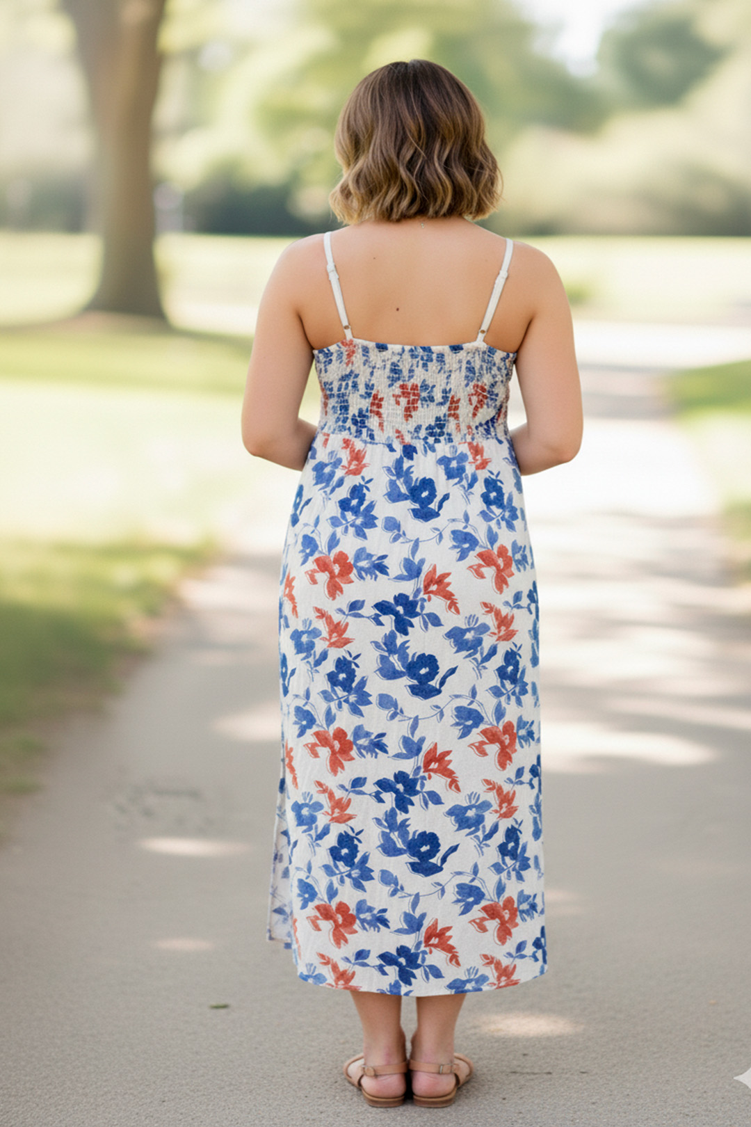 Vestido Maternal Tiritas Broche y Top Lactancia, CremaFloresAzul 11