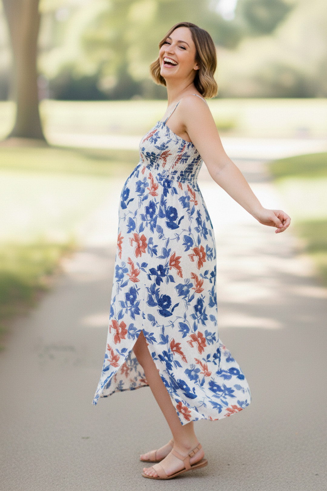 Vestido Maternal Tiritas Broche y Top Lactancia, CremaFloresAzul 12