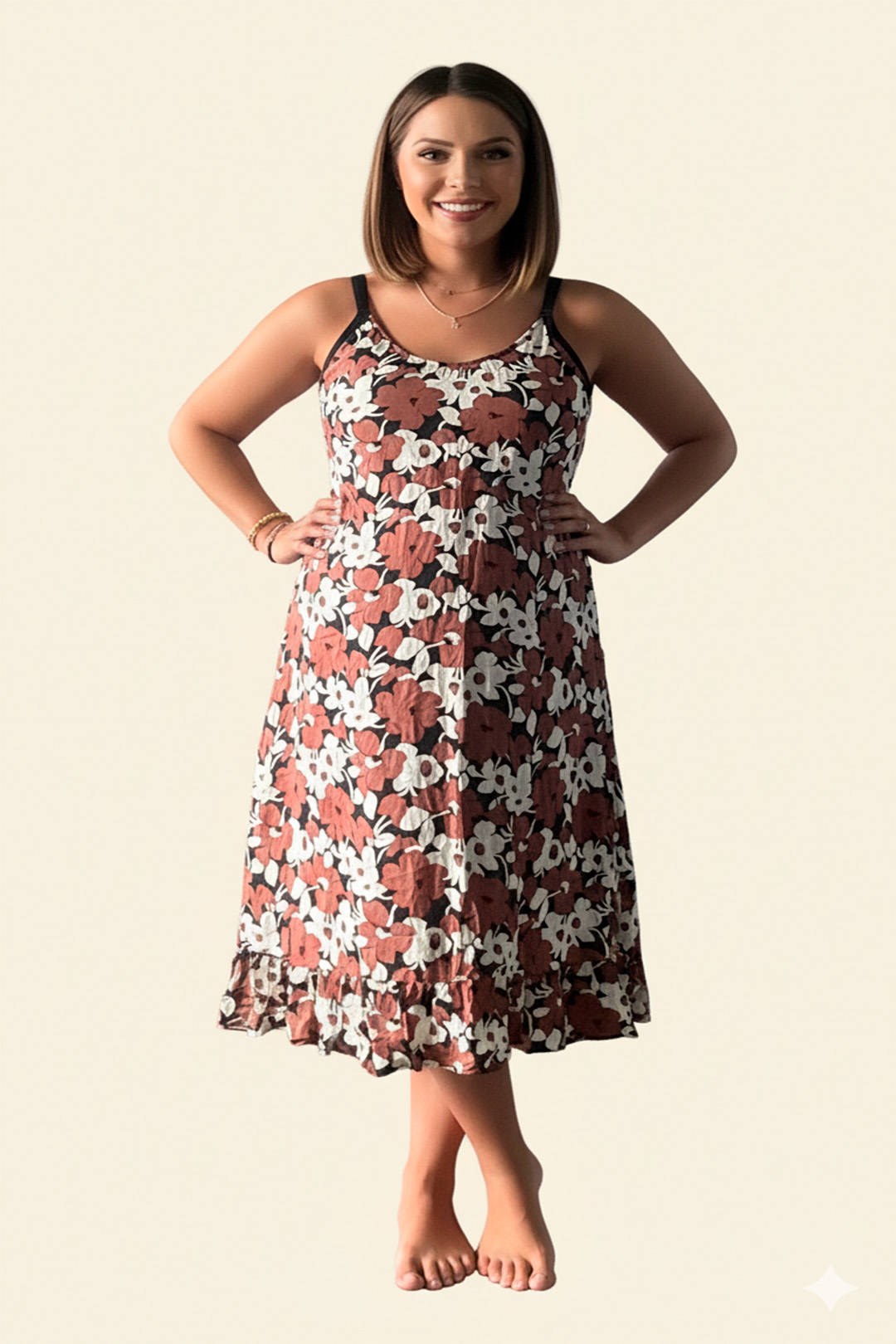 Vestido Maternal Tiritas Broche y Top Lactancia, MarronFloresBlanco 5