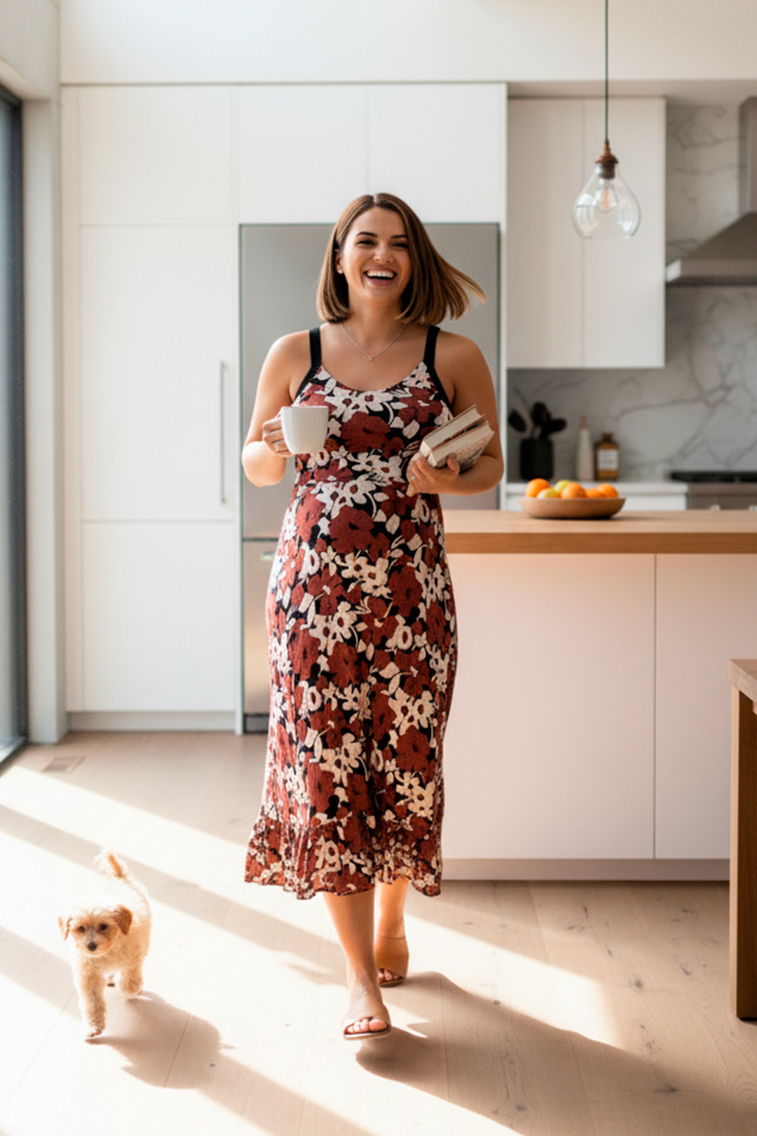 Vestido Maternal Tiritas Broche y Top Lactancia, MarronFloresBlanco 11