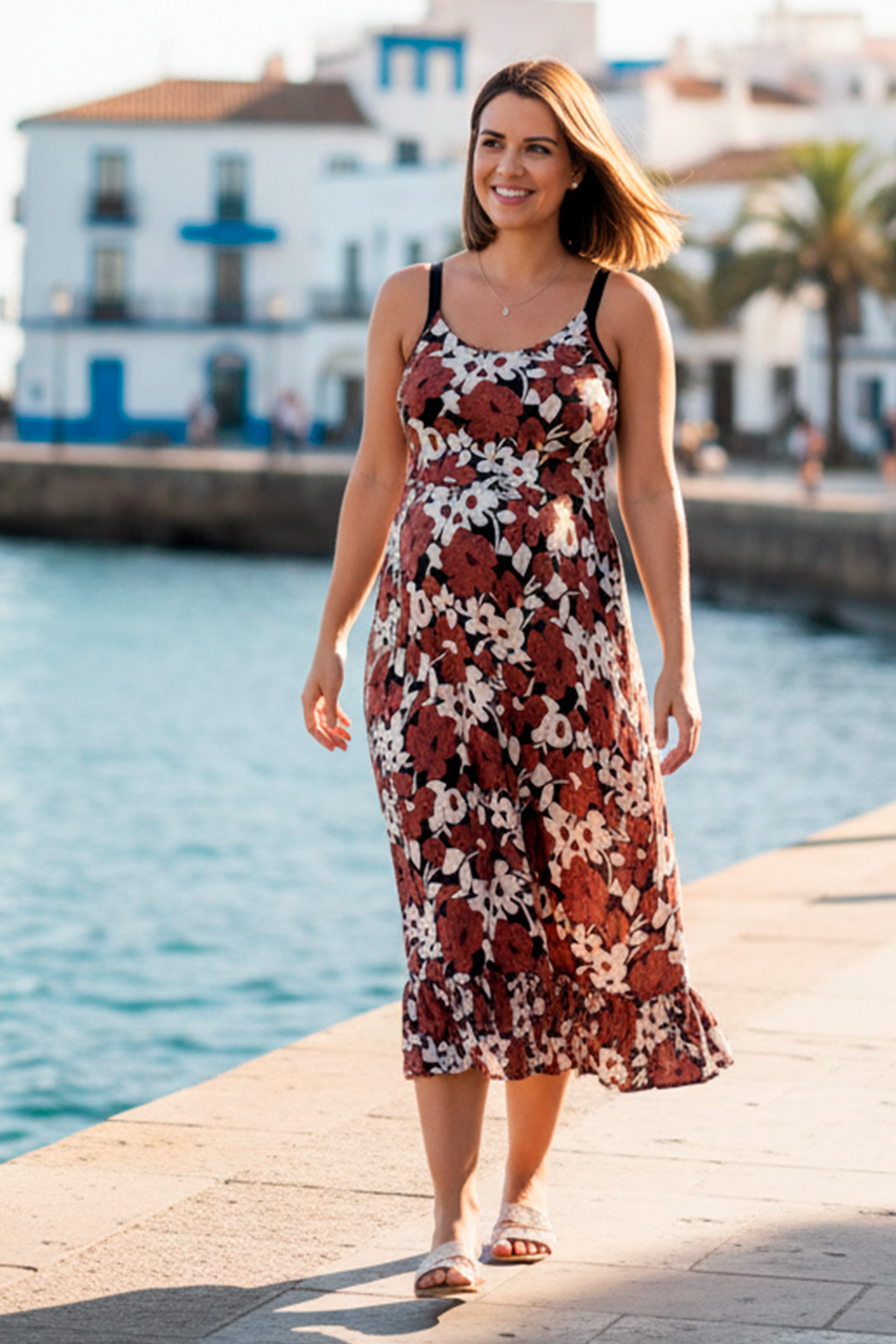 Vestido Maternal Tiritas Broche y Top Lactancia, MarronFloresBlanco 12