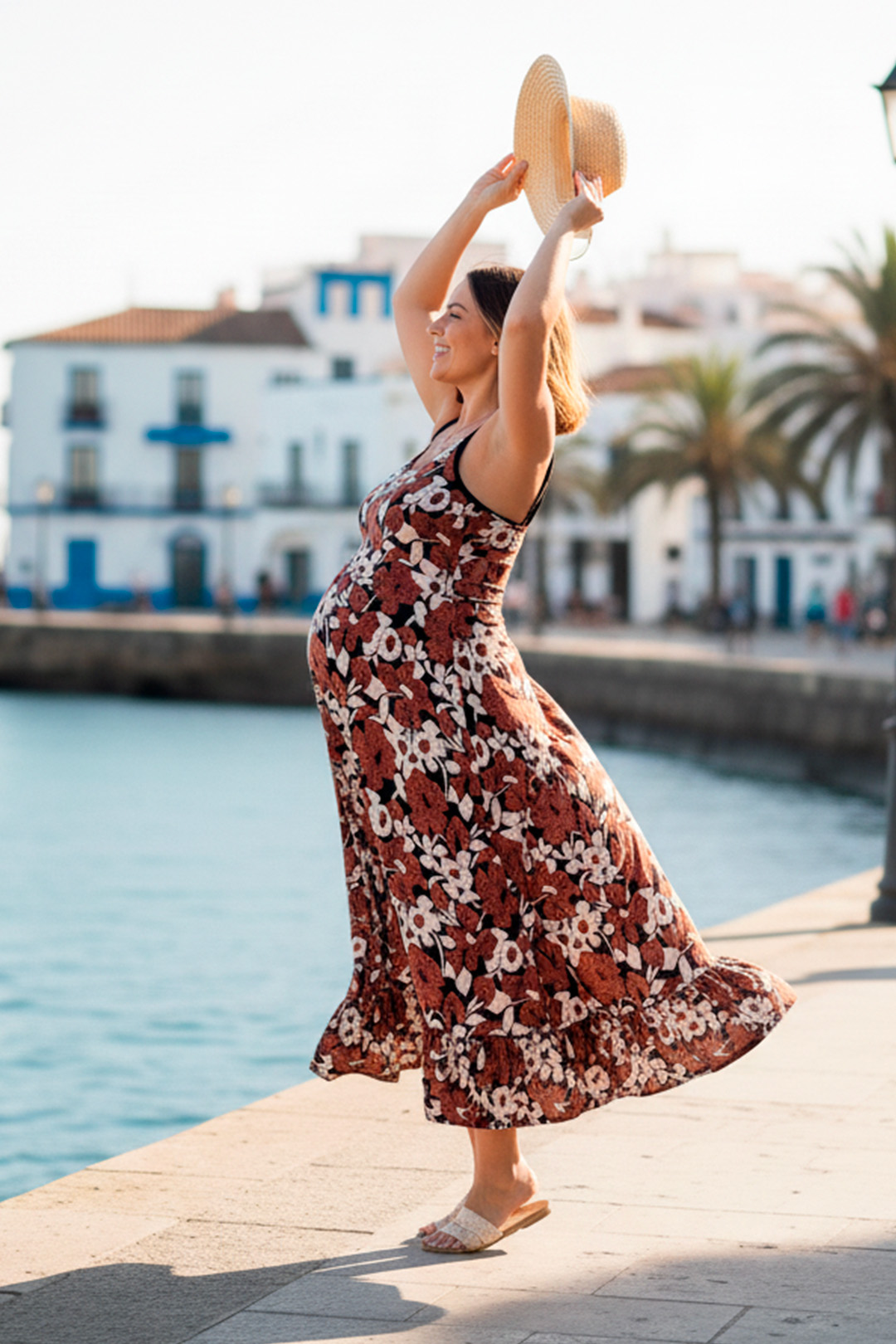 Vestido Maternal Tiritas Broche y Top Lactancia, MarronFloresBlanco 13