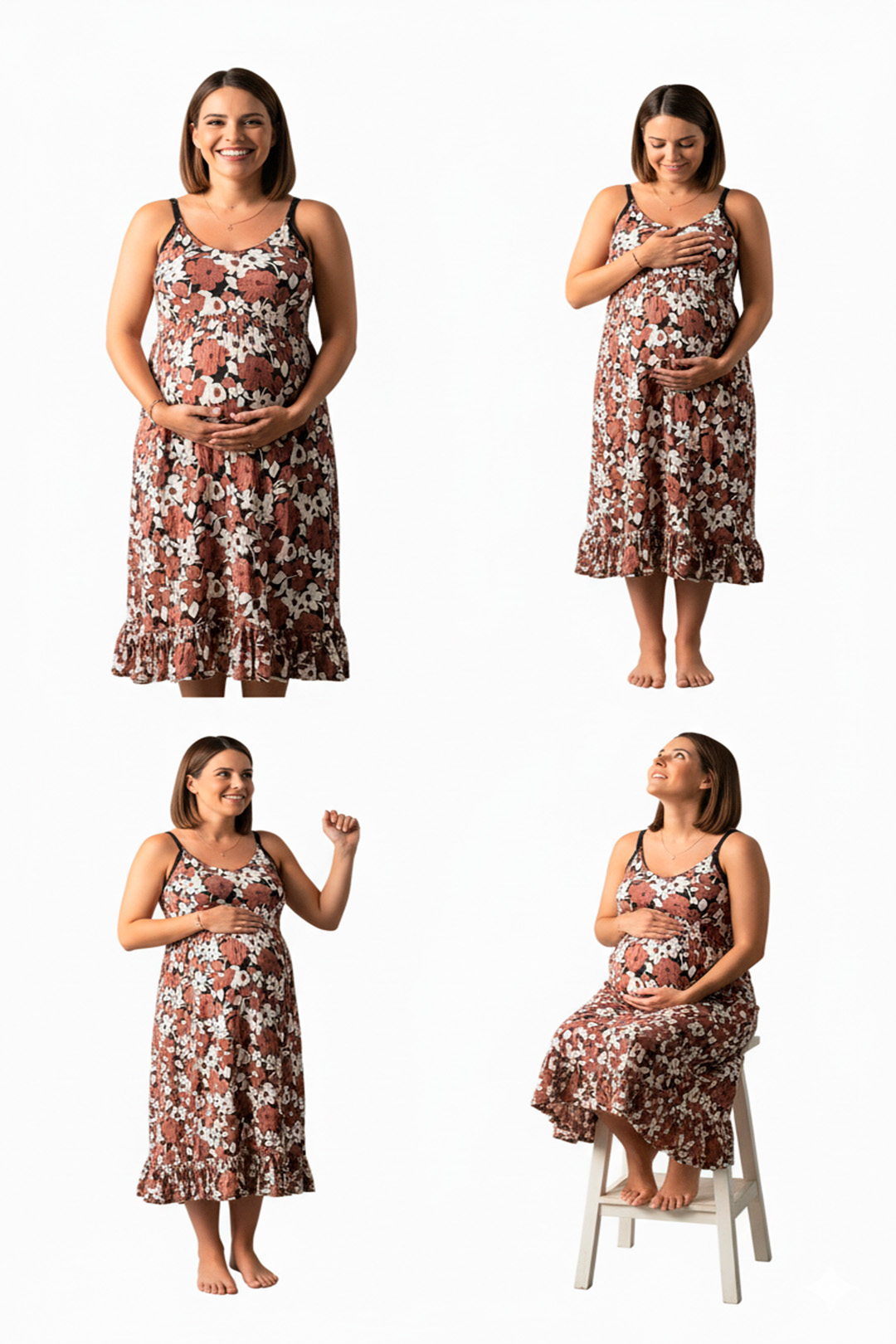 Vestido Maternal Tiritas Broche y Top Lactancia, MarronFloresBlanco 10