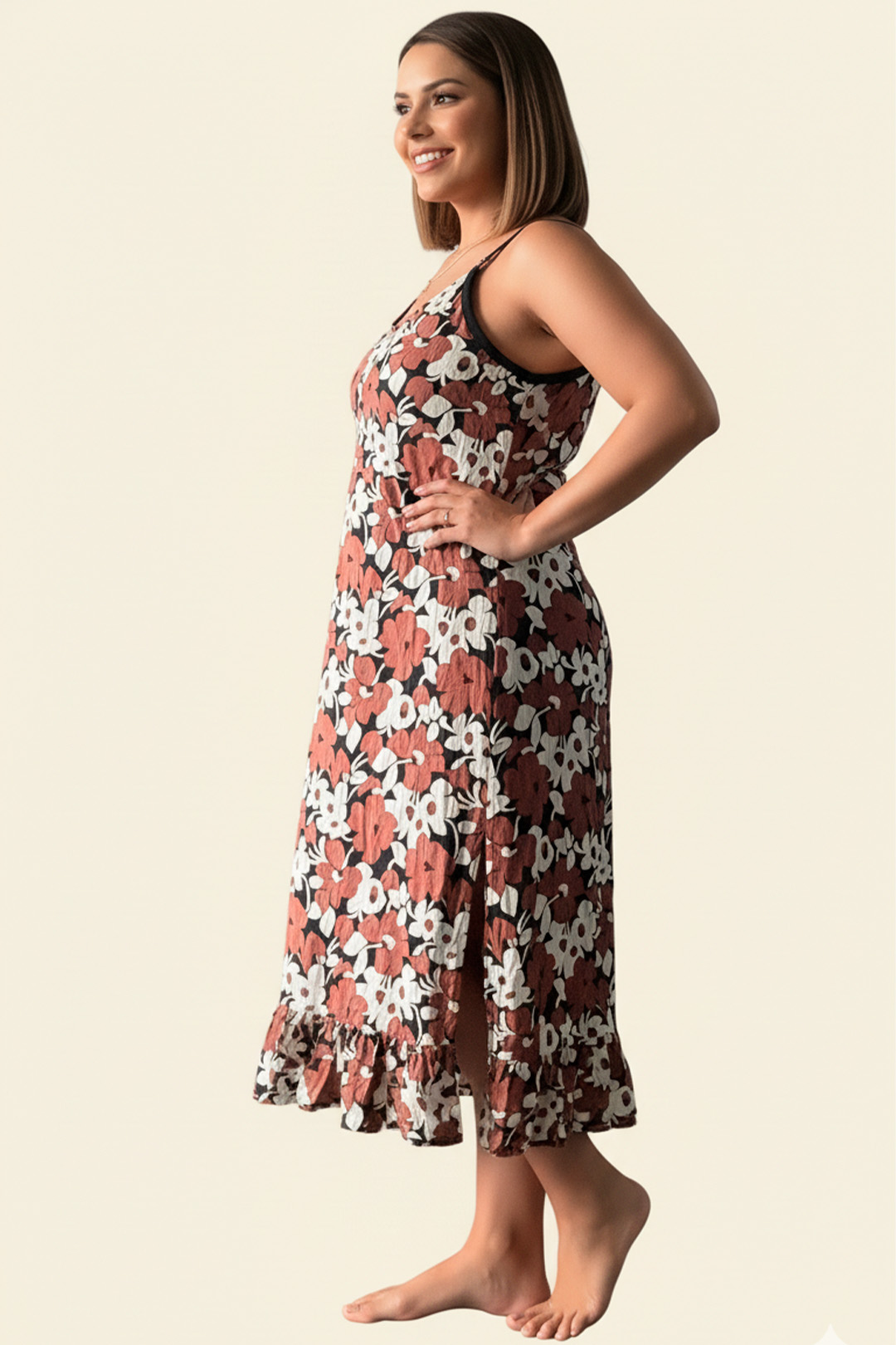 Vestido Maternal Tiritas Broche y Top Lactancia, MarronFloresBlanco 3