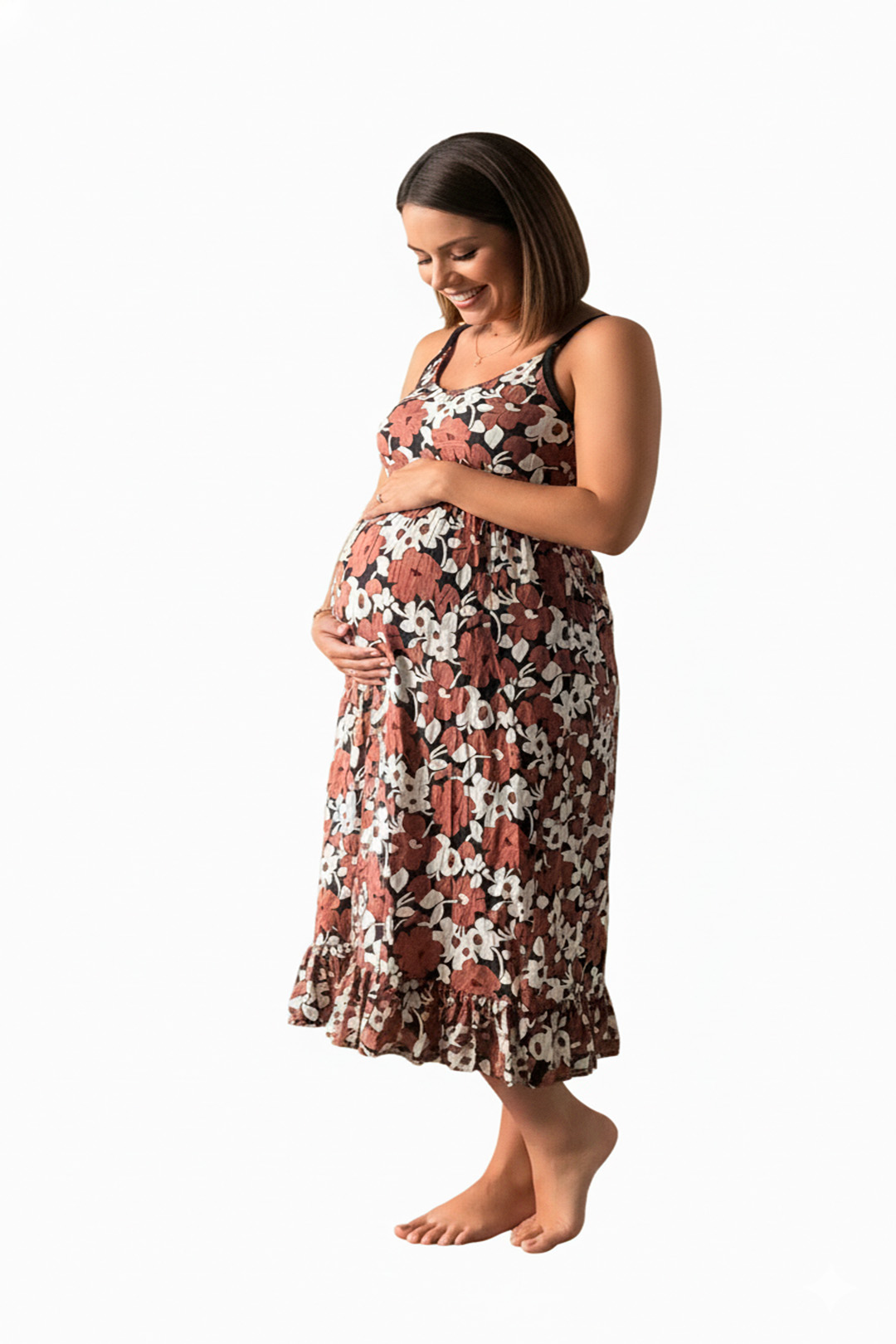 Vestido Maternal Tiritas Broche y Top Lactancia, MarronFloresBlanco 1