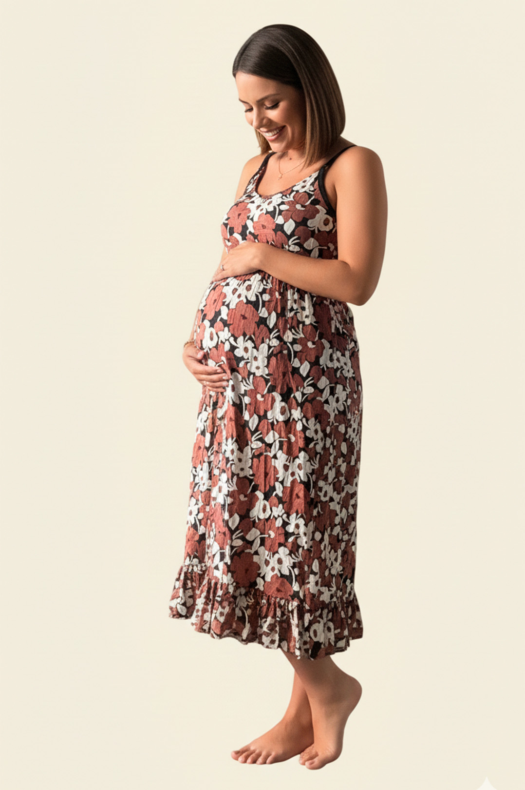 Vestido Maternal Tiritas Broche y Top Lactancia, MarronFloresBlanco 4