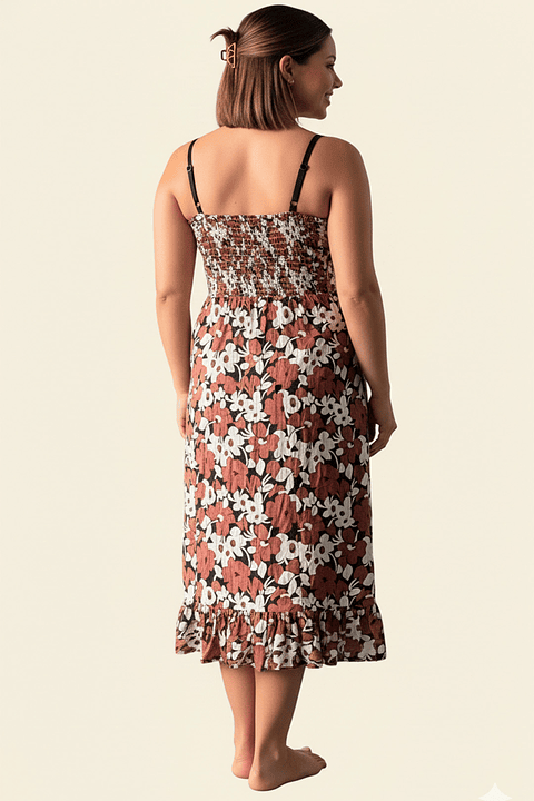 Vestido Maternal Tiritas Broche y Top Lactancia, MarronFloresBlanco