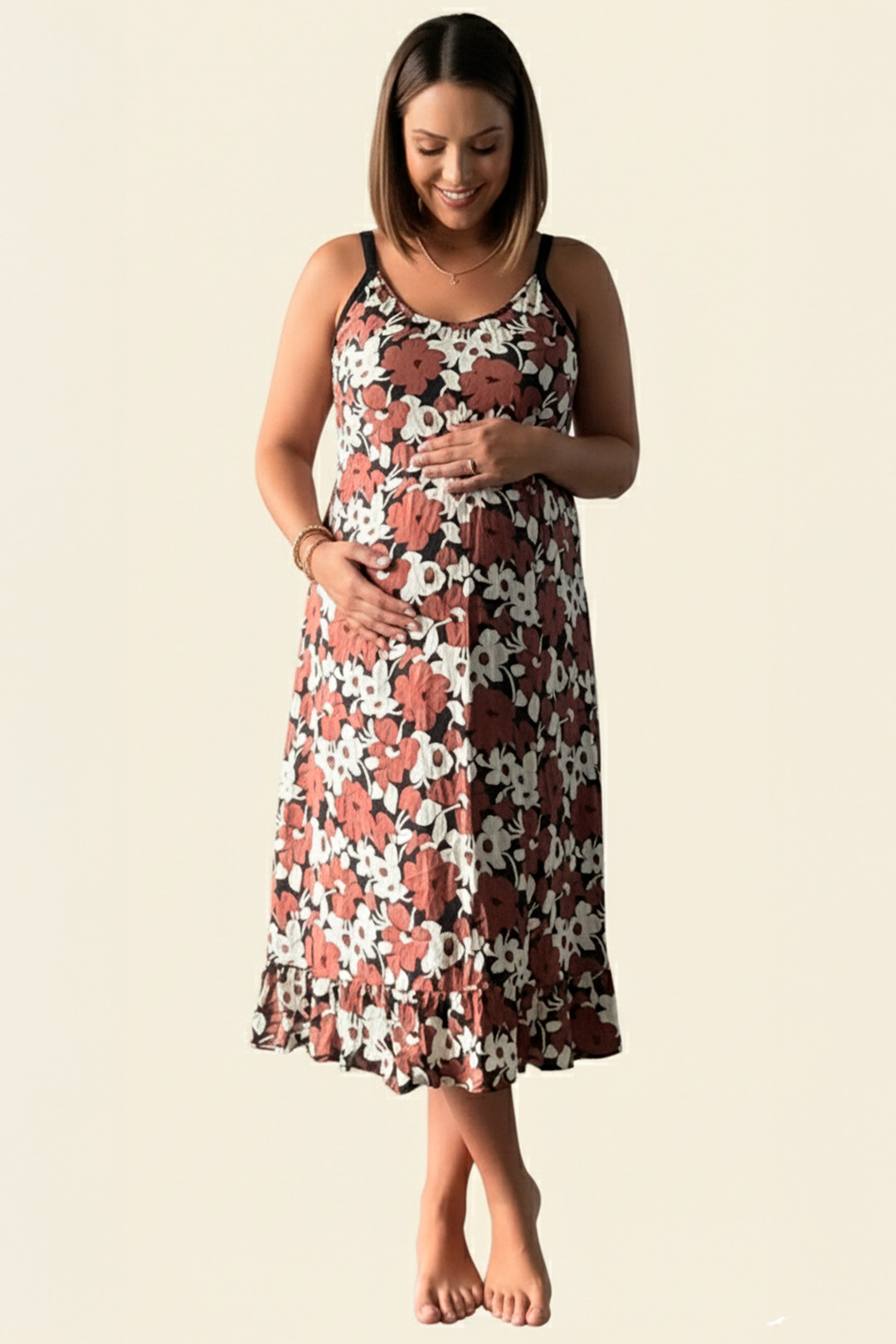 Vestido Maternal Tiritas Broche y Top Lactancia, MarronFloresBlanco 6