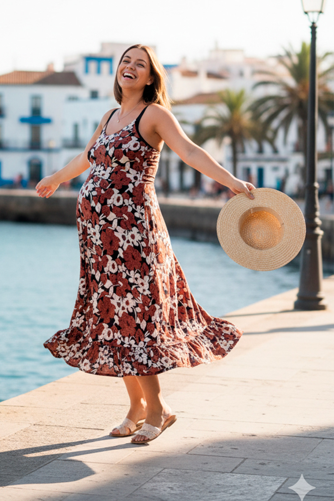 Vestido Maternal Tiritas Broche y Top Lactancia, MarronFloresBlanco 21