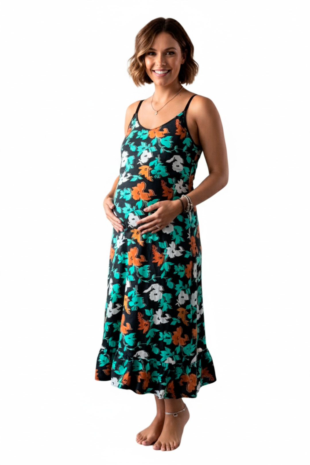 Vestido Maternal Tiritas Broche y Top Lactancia, NegroFloresTurquesa 2