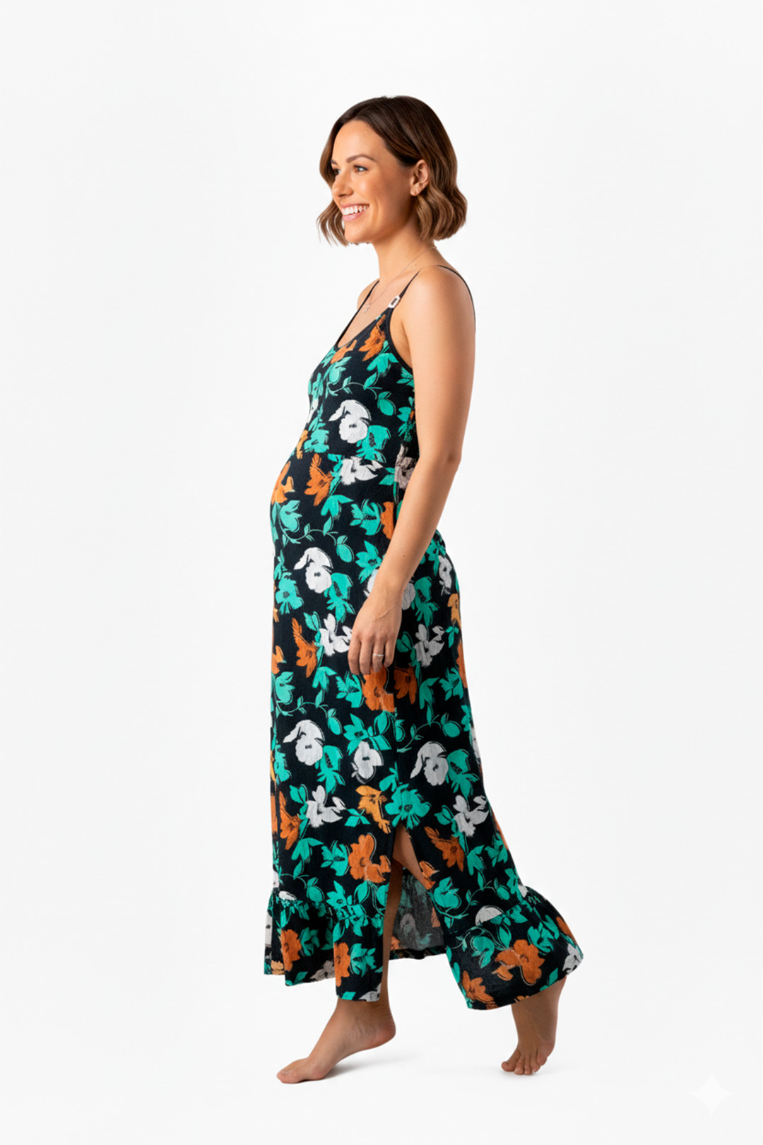 Vestido Maternal Tiritas Broche y Top Lactancia, NegroFloresTurquesa 4