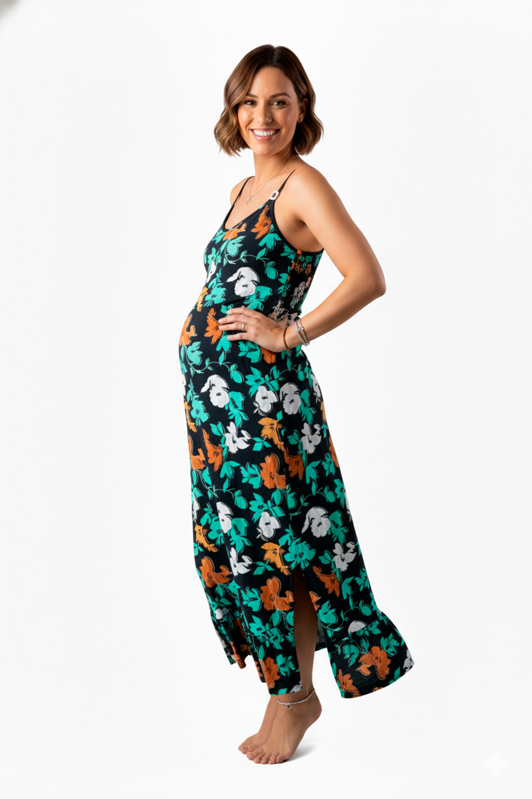 Vestido Maternal Tiritas Broche y Top Lactancia, NegroFloresTurquesa 5