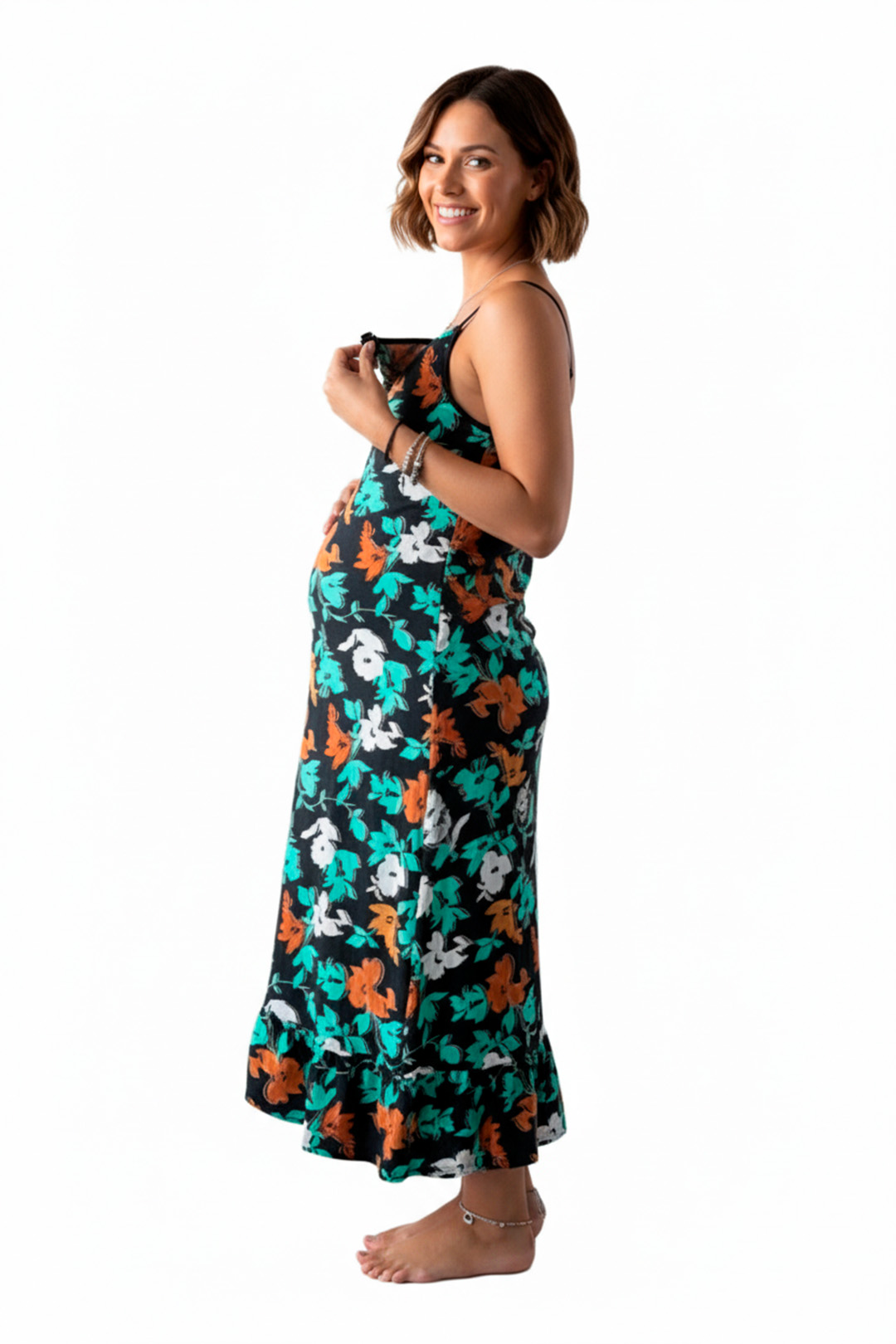 Vestido Maternal Tiritas Broche y Top Lactancia, NegroFloresTurquesa 6