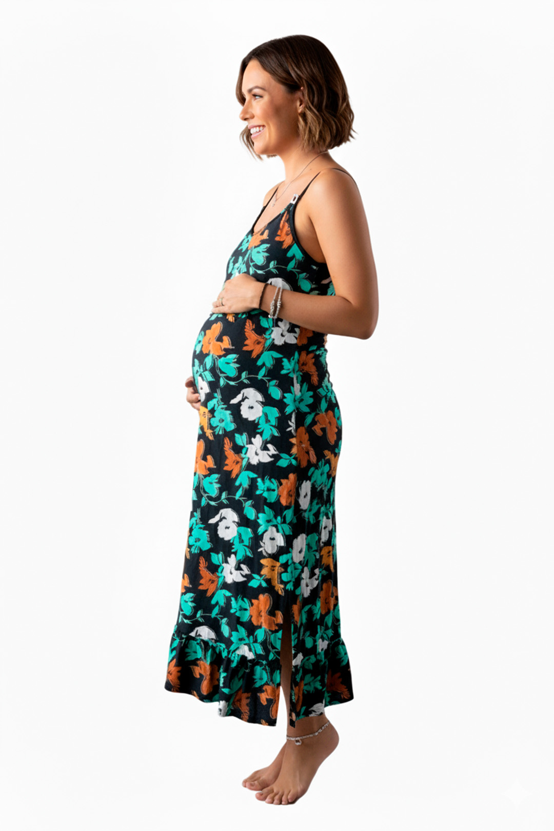 Vestido Maternal Tiritas Broche y Top Lactancia, NegroFloresTurquesa 7