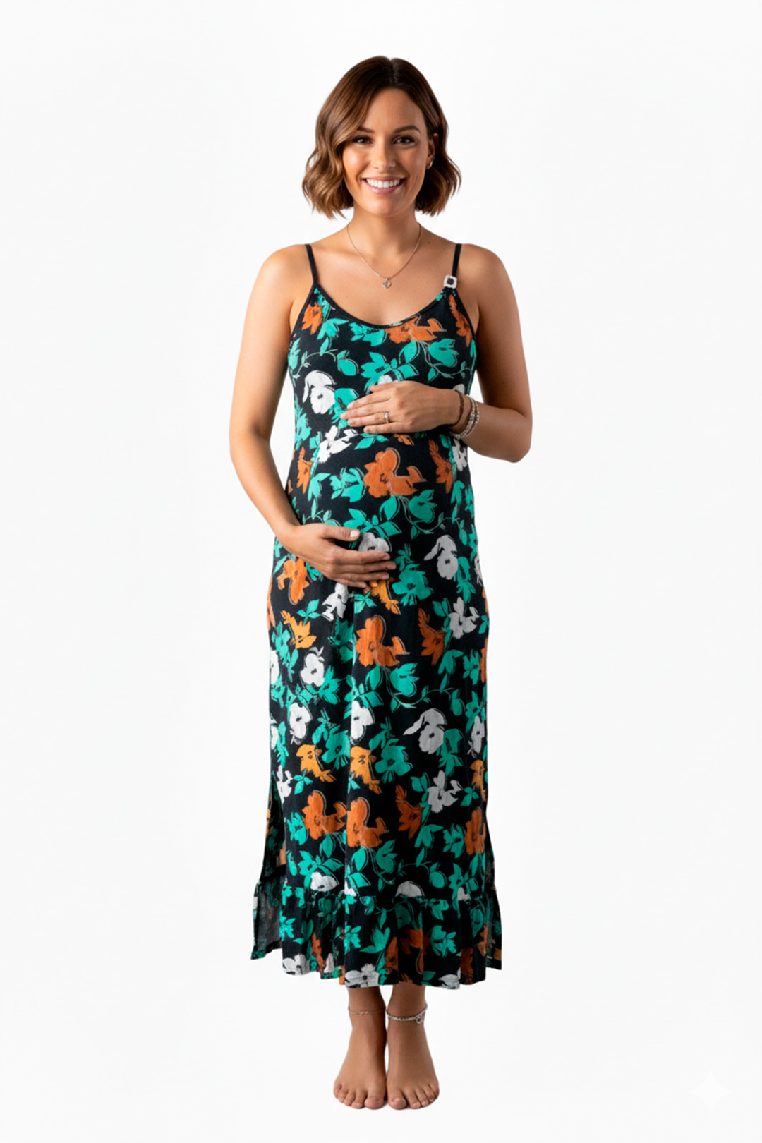 Vestido Maternal Tiritas Broche y Top Lactancia, NegroFloresTurquesa 8