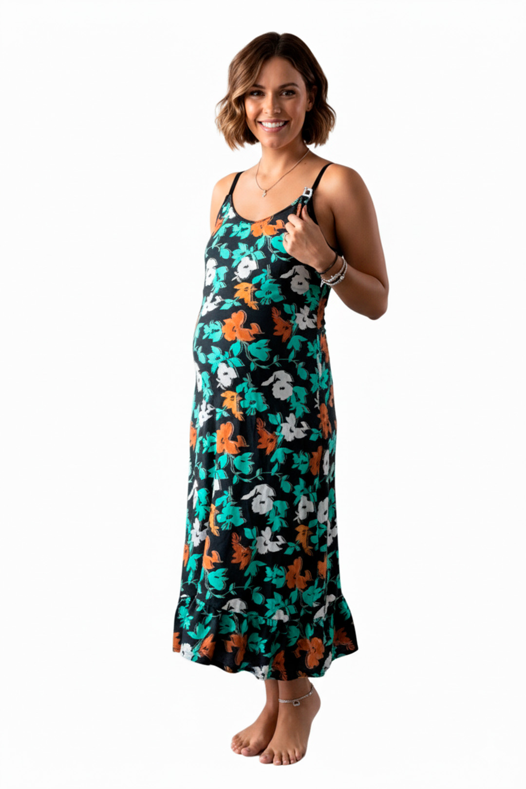 Vestido Maternal Tiritas Broche y Top Lactancia, NegroFloresTurquesa 10