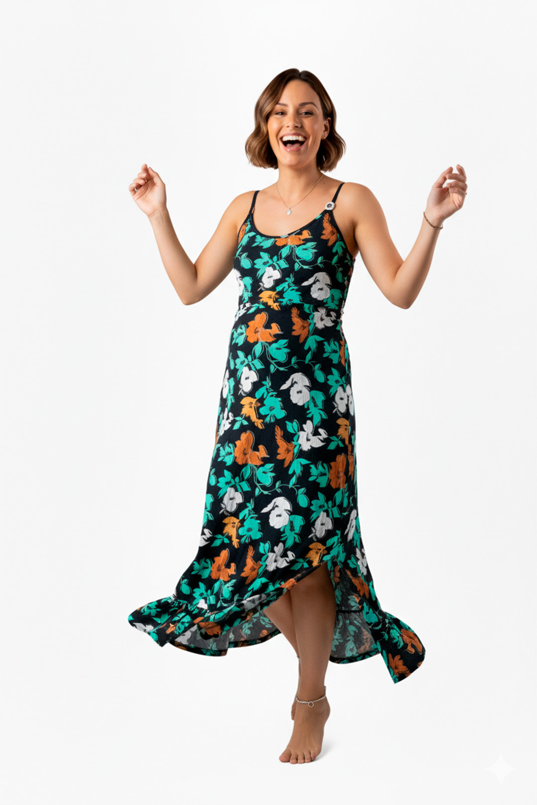 Vestido Maternal Tiritas Broche y Top Lactancia, NegroFloresTurquesa 11