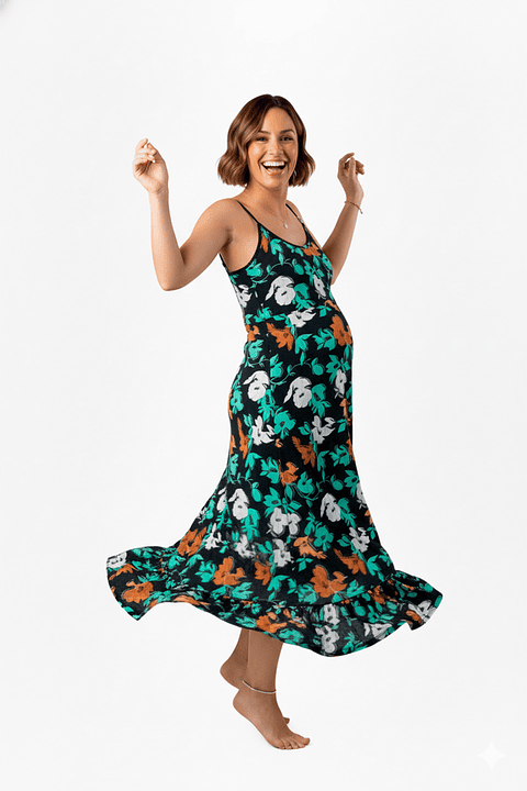 Vestido Maternal Tiritas Broche y Top Lactancia, NegroFloresTurquesa