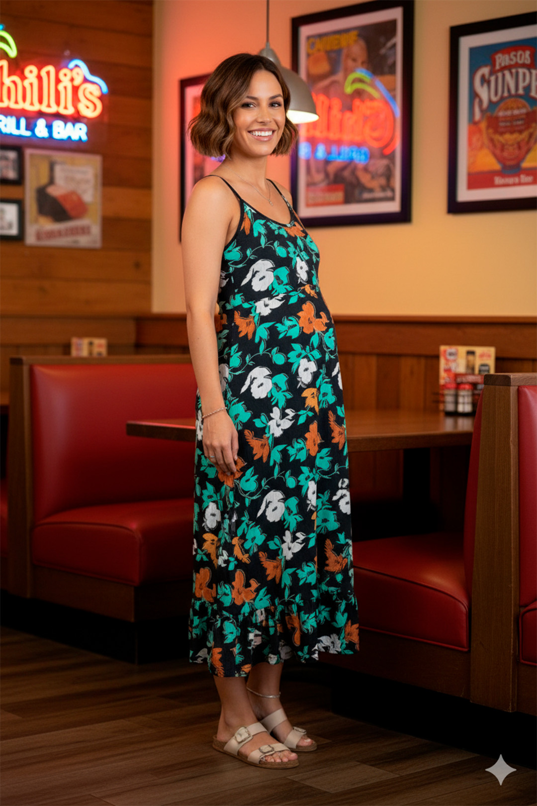 Vestido Maternal Tiritas Broche y Top Lactancia, NegroFloresTurquesa 13