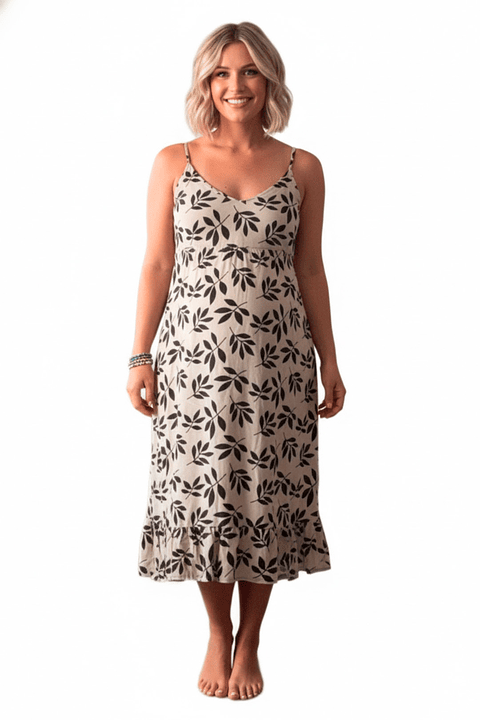 Vestido Maternal Tiritas Broche y Top Lactancia, CremaFloresNegras